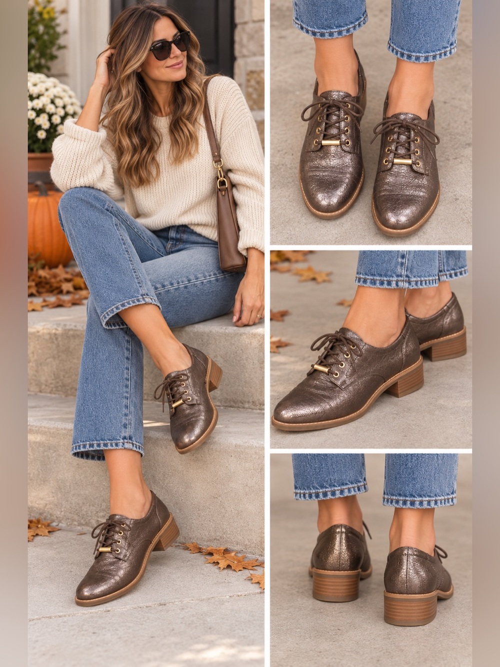 Mossimo Metallic Brown Taupe Lace Up Oxford Shoes Block Heel Size 8